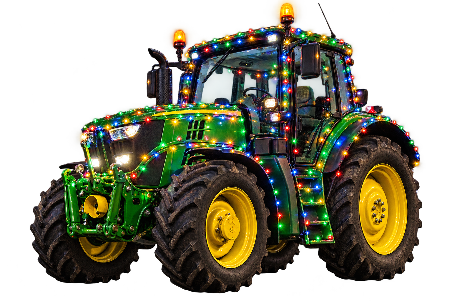 Groene trekker met gele velgen, versierd met gekleurde kerstlichtjes